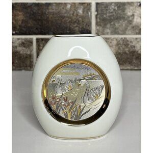 The Art Of Chokin Vase 24K Gold Edge Swans & Iris Flowers Vintage